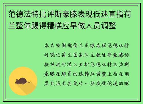 范德法特批评斯豪滕表现低迷直指荷兰整体踢得糟糕应早做人员调整 范德法特批评斯豪滕表现低迷直指荷兰整体踢得糟糕应早做人员调整